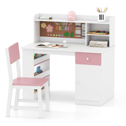 Kids Desk and Chair Set with Hutch and 3-Layer Side Shelf-Pink