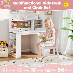 Kids Desk and Chair Set with Hutch and 3-Layer Side Shelf-Pink