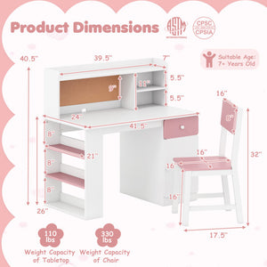 Kids Desk and Chair Set with Hutch and 3-Layer Side Shelf-Pink