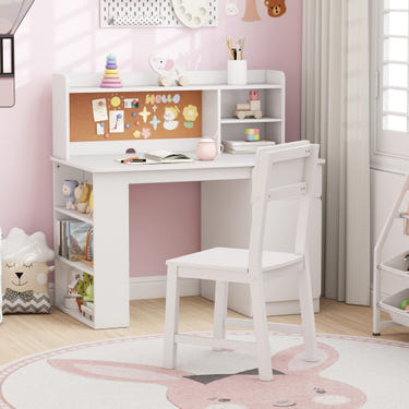 Kids desk and chair set with hutch and 3-layer side shelf in white for stylish and functional playroom decor.