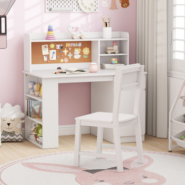 Kids desk and chair set with hutch and 3-layer side shelf in white for stylish and functional playroom decor.