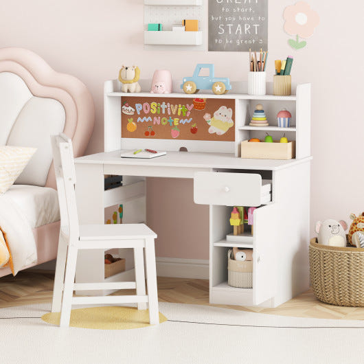 Kids desk and chair set with hutch and 3-layer side shelf in white for stylish and functional playroom decor.