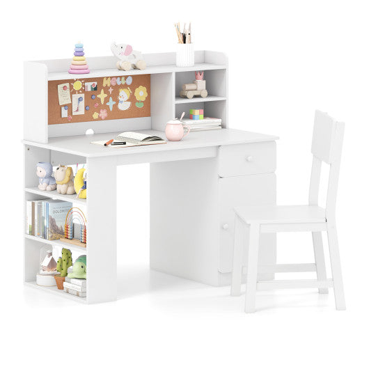 Kids Desk and Chair Set with Hutch and 3-Layer Side Shelf-White