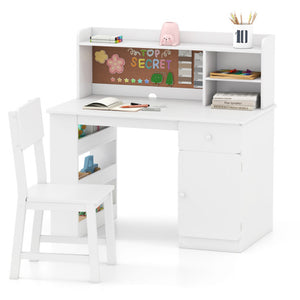 Kids Desk and Chair Set with Hutch and 3-Layer Side Shelf-White