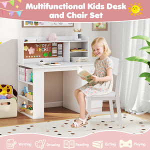 Kids Desk and Chair Set with Hutch and 3-Layer Side Shelf-White