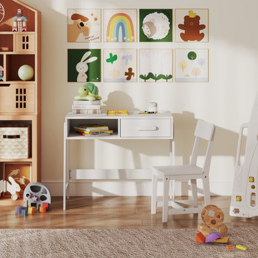 Kids Desk and Chair Set with Storage Drawer and Hutch-White