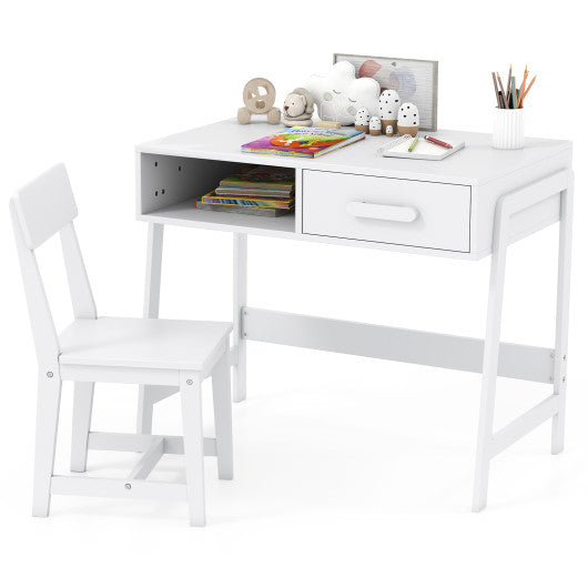 Kids Desk and Chair Set with Storage Drawer and Hutch-White