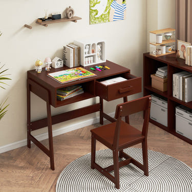 Kids desk and chair set in brown with storage drawer and hutch, perfect for children's playrooms or study areas.