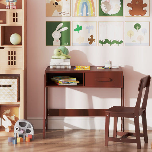 Kids desk and chair set in brown with storage drawer and hutch, perfect for children's playrooms or study areas.