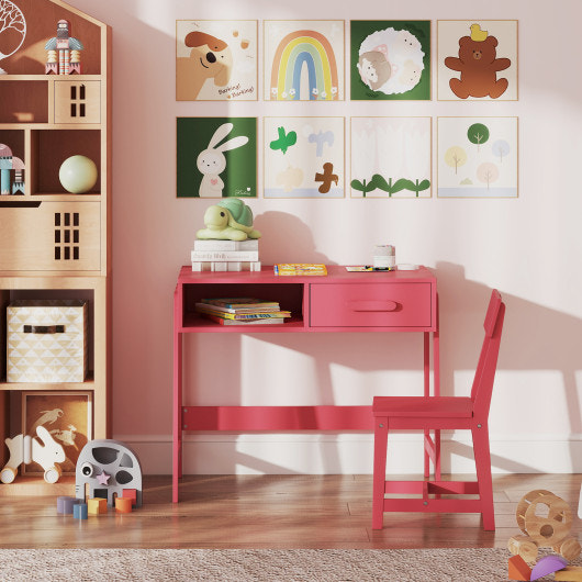 Kids Desk and Chair Set with Storage Drawer and Hutch-Pink