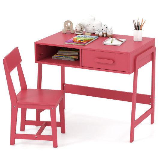 Kids Desk and Chair Set with Storage Drawer and Hutch-Pink
