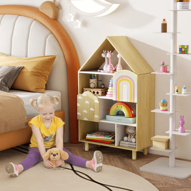Natural kids dollhouse bookshelf toy storage organizer for children's books and toys.
