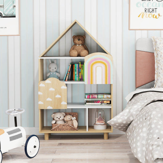 Natural kids dollhouse bookshelf toy storage organizer for children's books and toys.