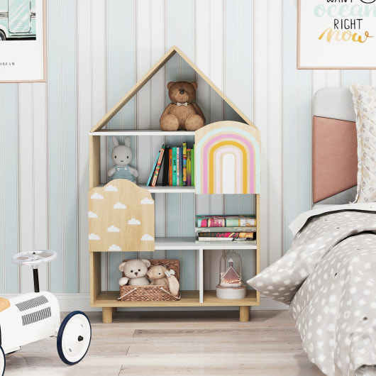 Kids Dollhouse Bookshelf House-shaped Bookcase Children Toy Storage Organizer-Natural