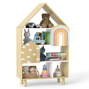 Kids Dollhouse Bookshelf House-shaped Bookcase Children Toy Storage Organizer-Natural