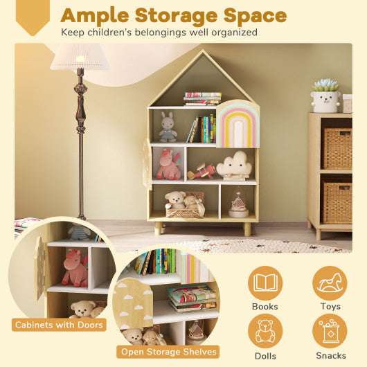 Kids Dollhouse Bookshelf House-shaped Bookcase Children Toy Storage Organizer-Natural
