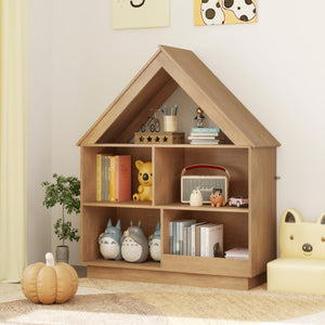 3-Tier House-Shaped Toy Storage Organizer with Open Shelves-Natural