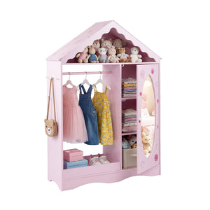 Kids Dress Up Storage with Mirror Roofed Wardrobe Closet with Open Hanging Rack