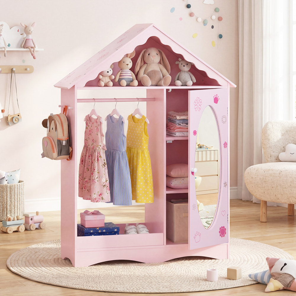 Kids Dress Up Storage with Mirror Roofed Wardrobe Closet with Open Hanging Rack