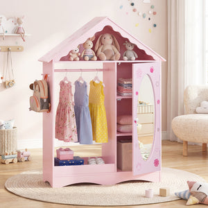 Kids Dress Up Storage with Mirror Roofed Wardrobe Closet with Open Hanging Rack
