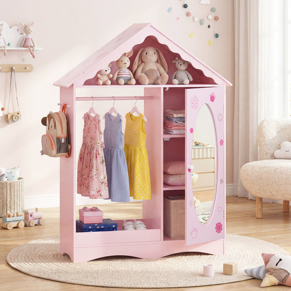 Kids Dress Up Storage with Mirror Roofed Wardrobe Closet with Open Hanging Rack