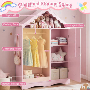 Kids Dress Up Storage with Mirror Roofed Wardrobe Closet with Open Hanging Rack