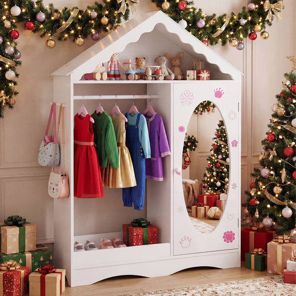 Kids Dress Up Storage with Mirror Roofed Wardrobe Closet with Open Hanging Rack