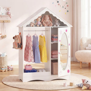 Kids Dress Up Storage with Mirror Roofed Wardrobe Closet with Open Hanging Rack