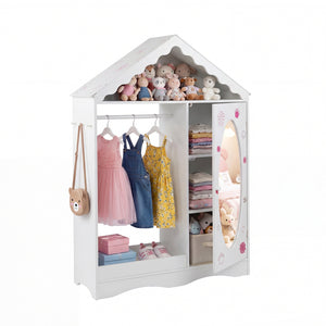 Kids Dress Up Storage with Mirror Roofed Wardrobe Closet with Open Hanging Rack