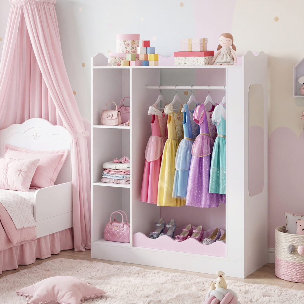 Kids Dress Up Storage with Mirrors and Hanging Rack and Shelves for Bedroom