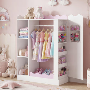Kids Dress Up Storage with Mirrors and Hanging Rack and Shelves for Bedroom