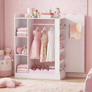Kids Dress Up Storage with Mirrors and Hanging Rack and Shelves for Bedroom