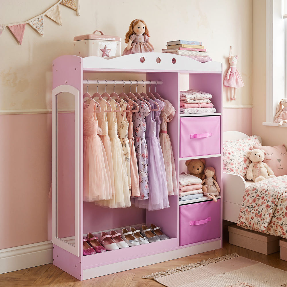 Kids Dress Up Storage with Full Length Mirror and Open Shelves for Kids Room