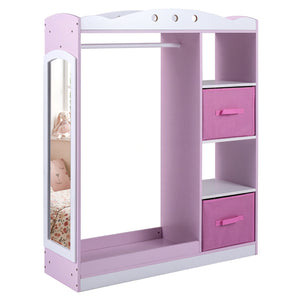 Kids Dress Up Storage with Full Length Mirror and Open Shelves-Pink