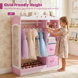 Kids Dress Up Storage with Full Length Mirror and Open Shelves-Pink