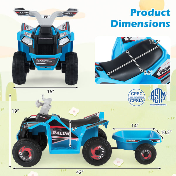 6V Kids Electric ATV Quad Car with Detachable Trailer - Rechargeable