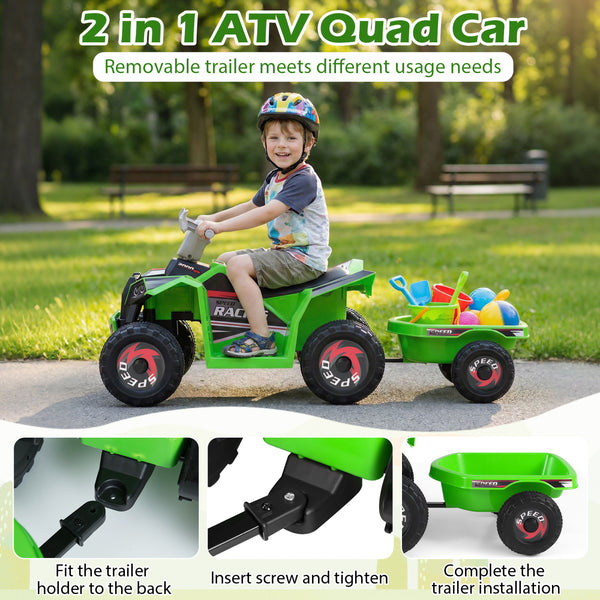 6V Kids Electric ATV Quad Car with Detachable Trailer - Rechargeable