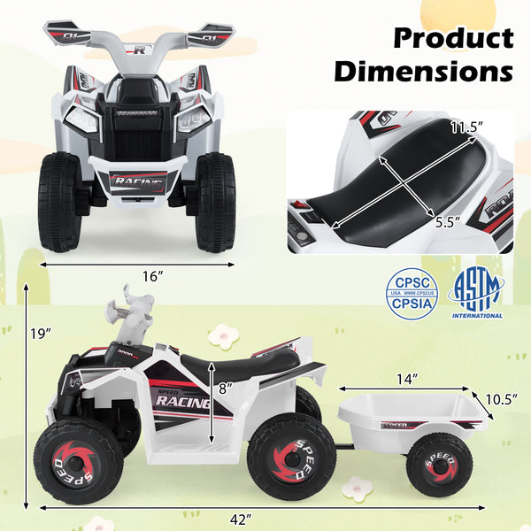 6V Kids Electric ATV Quad Car with Detachable Trailer - Rechargeable