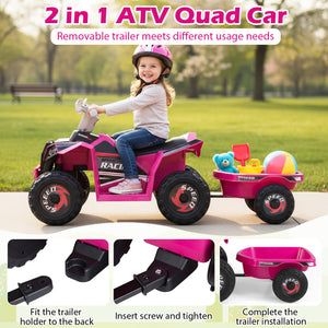 6V Kids Electric ATV Quad Car with Detachable Trailer - Rechargeable