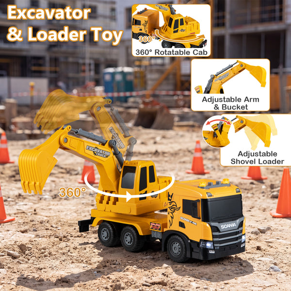 Kids Excavator Truck Toy with Adjustable Arm and Rotating Cab Licensed Scania-Yellow