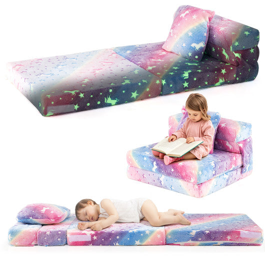 Kids Folding Sofa Bed Floor Mattress Glow in the Dark with Pillow-Multicolor