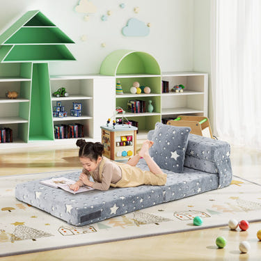 Kids folding sofa bed floor mattress in gray, glow-in-the-dark, with pillow, perfect for children's seating.