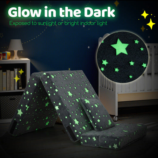 Kids folding sofa bed floor mattress in gray, glow-in-the-dark, with pillow, perfect for children's seating.