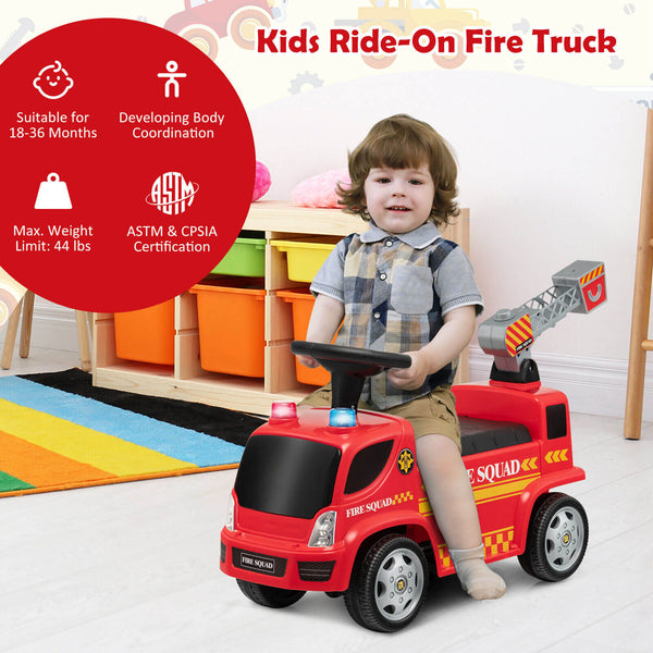 Kids Push Ride On Fire Truck with Ladder Bubble Maker and Headlights