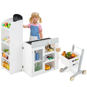 Kids Grocery Store Playset Convertible Wooden Play Store with Shopping Cart