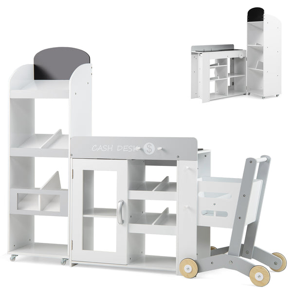 Kids Grocery Store Playset Convertible Wooden Play Store with Shopping Cart