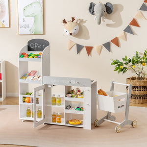 Kids Grocery Store Playset Convertible Wooden Play Store with Shopping Cart