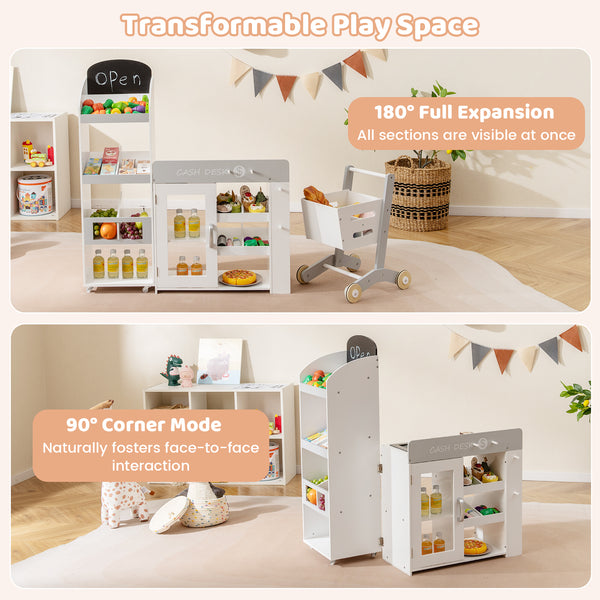 Kids Grocery Store Playset Convertible Wooden Play Store with Shopping Cart
