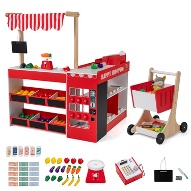 Kids Grocery Store Playset Wooden Pretend Play Supermarket with Shopping Cart