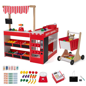 Kids Grocery Store Playset Wooden Pretend Play Supermarket with Shopping Cart